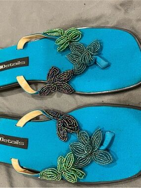 Tail Turquoise Sandals with Multicolor Beaded Floral Accents